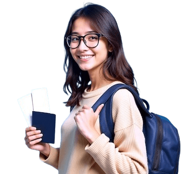 A female student holding a passport and London flight tickets