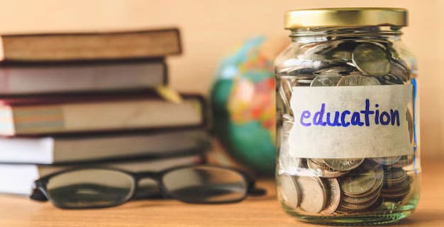 a bunch of books kept alongside a globe and a jar filled with coins